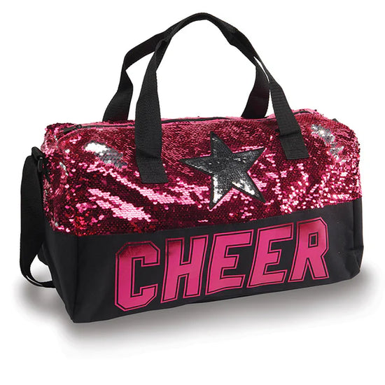 Pink and black sequin cheer duffel bag with “CHEER” lettering and shoulder strap