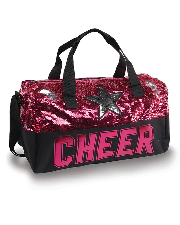 Pink and black sequin cheer duffel bag with “CHEER” lettering and shoulder strap