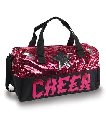 Pink and black sequin cheer duffel bag with “CHEER” lettering and shoulder strap