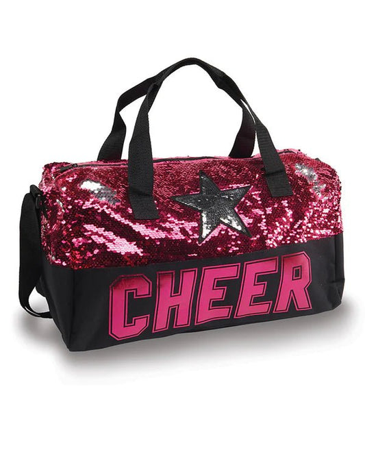 Pink and black sequin cheer duffel bag with “CHEER” lettering and shoulder strap