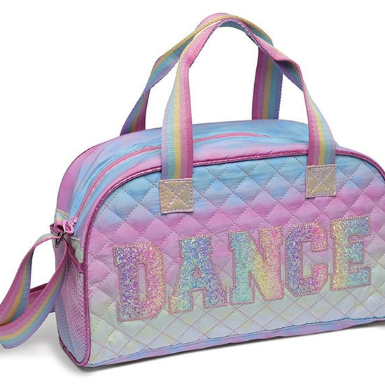 Pastel rainbow holographic dance duffel bag with “DANCE” lettering and adjustable shoulder strap