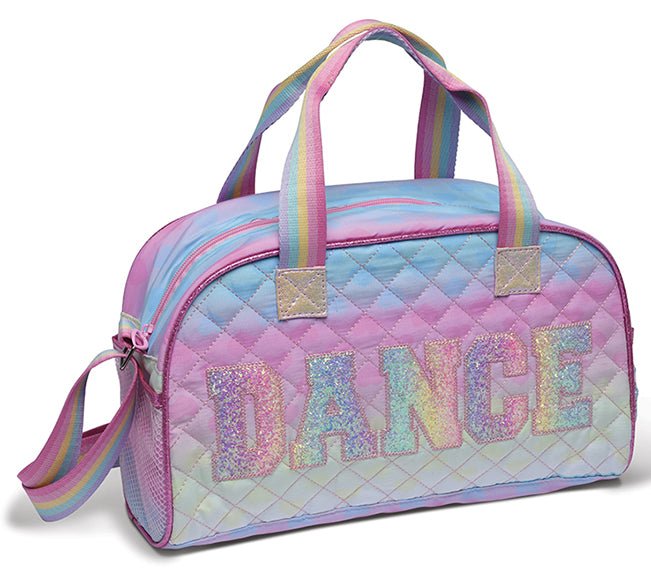 Pastel rainbow holographic dance duffel bag with “DANCE” lettering and adjustable shoulder strap
