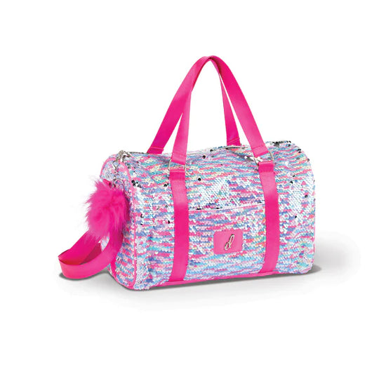 Silver and pink sequin dance duffel bag with bright pink straps and pom accessory