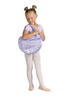 Young dancer standing holding a lavender sequin tote bag in front