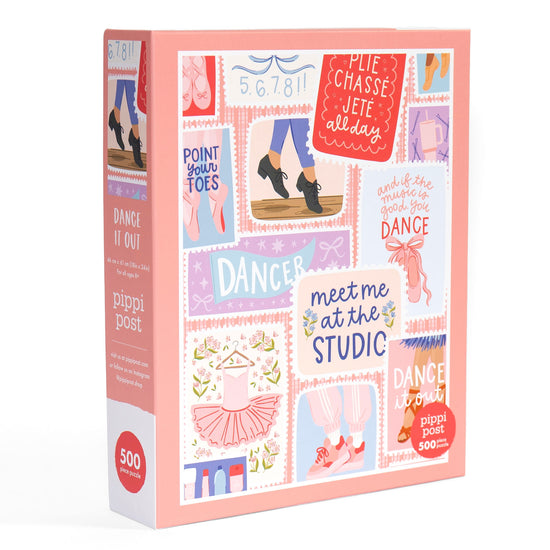 Pippi Post Dance It Out 500-piece jigsaw puzzle box with colorful ballet-themed illustrations and dance quotes