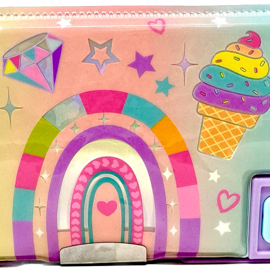 Colorful multi-function pencil case opened with organized interior compartments