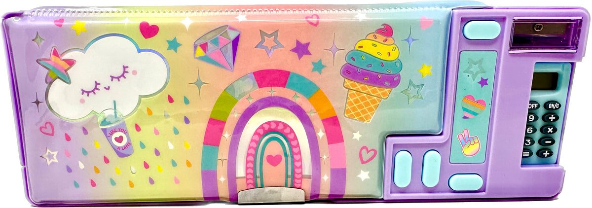 Colorful multi-function pencil case opened with organized interior compartments