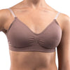 Front view of dark nude seamless clear back bra