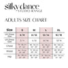 Silky Dance adult shorts size chart displayed with measurements in a grid format