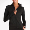 Model wearing a black full-zip dance jacket with long sleeves and a fitted silhouette