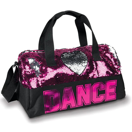 Pink sequin heart dance duffel bag with black straps and “DANCE” lettering