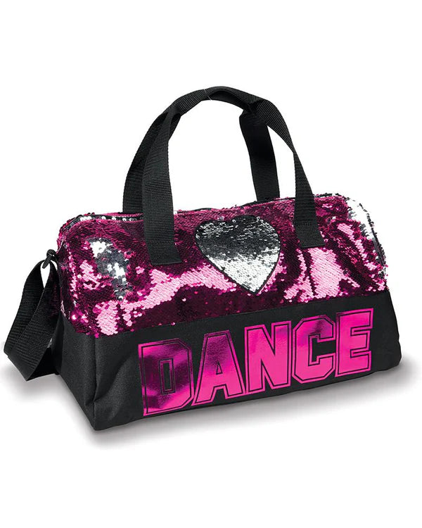 Pink sequin heart dance duffel bag with black straps and “DANCE” lettering
