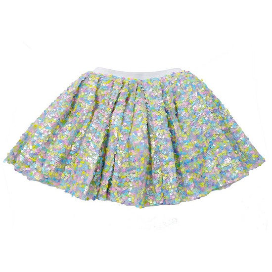 A sequined tutu skirt with iridescent pastel sequins in shades of blue, green, yellow, and pink, featuring a white elastic waistband, shown against a plain white background.