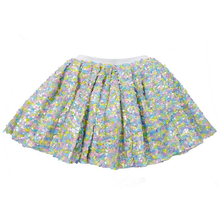 A sequined tutu skirt with iridescent pastel sequins in shades of blue, green, yellow, and pink, featuring a white elastic waistband, shown against a plain white background.