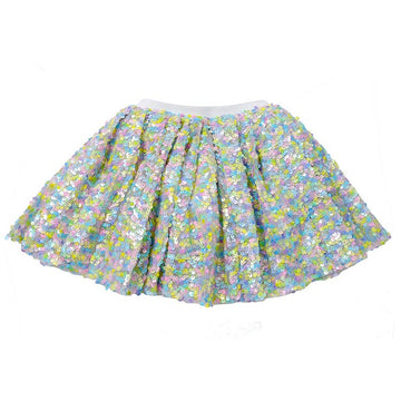 A sequined tutu skirt with iridescent pastel sequins in shades of blue, green, yellow, and pink, featuring a white elastic waistband, shown against a plain white background.