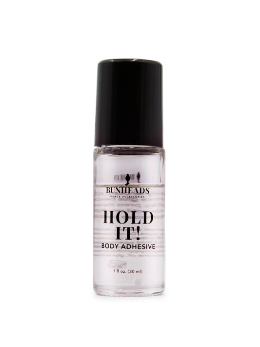 Bunheads Hold It Body Adhesive bottle with black cap shown on a white background.