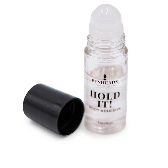 Bunheads Hold It Body Adhesive bottle with cap removed on a white background.
