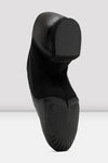 Sole view of a black slip-on leather jazz shoe showing the split sole.