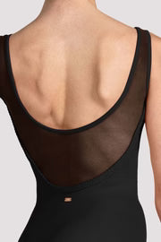 Black V-neck leotard showing low open back detail, close-up