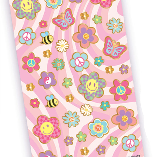 A sheet of colorful retro-style stickers featuring smiling flowers, peace signs, butterflies, a bee, and musical notes on a pink wavy striped background. The brand name 'Hot Focus' is visible in the bottom right corner.