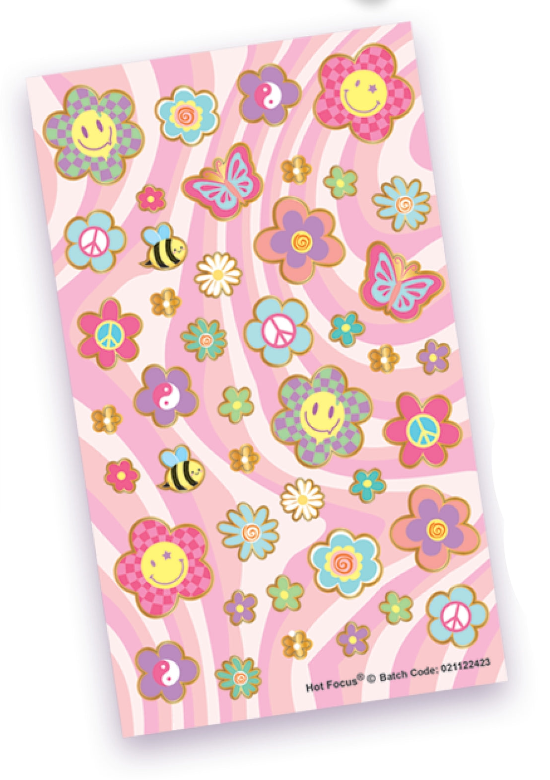A sheet of colorful retro-style stickers featuring smiling flowers, peace signs, butterflies, a bee, and musical notes on a pink wavy striped background. The brand name 'Hot Focus' is visible in the bottom right corner.