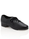 Black leather cadence tap shoe with lace-up closure, side view