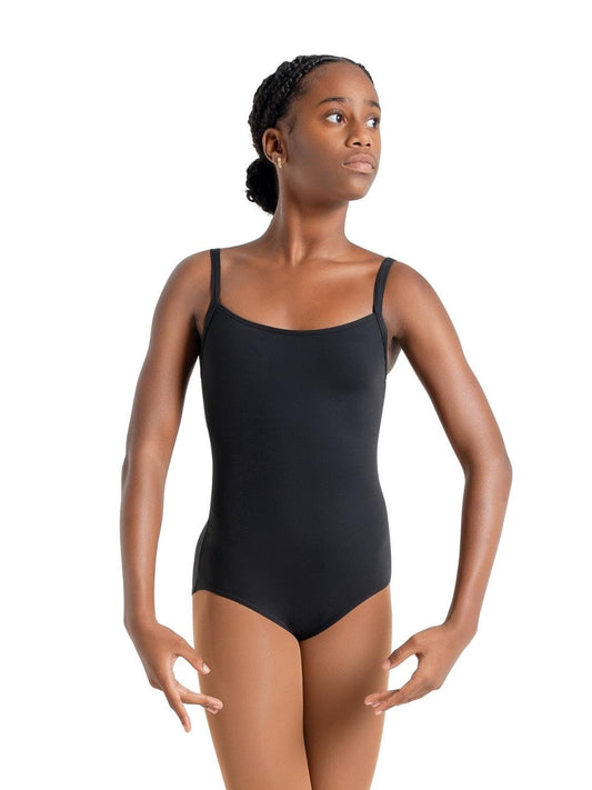 Adult dancer wearing a black camisole leotard with adjustable straps, front view