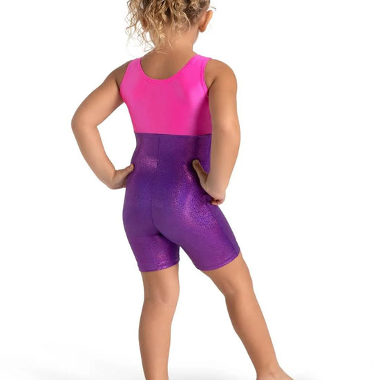 Child wearing pink and purple sparkly biketard back view