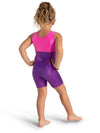 Child wearing pink and purple sparkly biketard back view