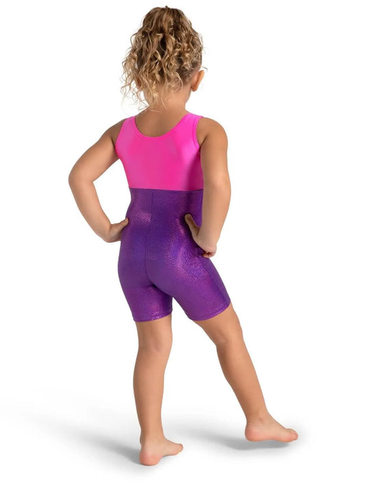 Child wearing pink and purple sparkly biketard back view