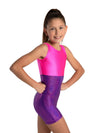 Child wearing pink and purple sparkly biketard front pose with hands on hips