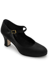 Black character shoe, side view with low heel.