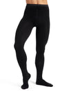 Adult dancer wearing black men’s footed dance tights with back seam, front view