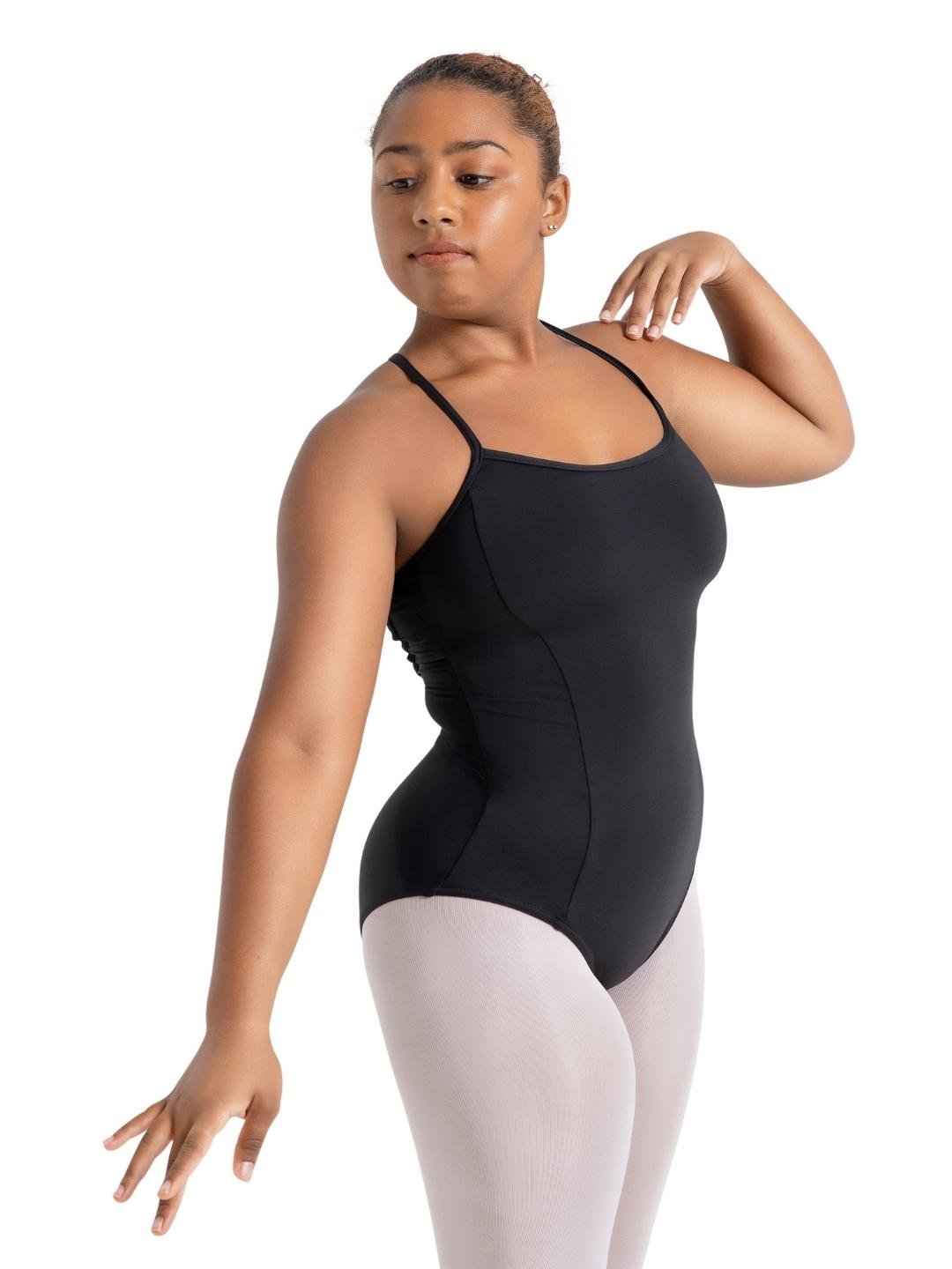 Front view of adult dancer wearing a black strappy back camisole leotard
