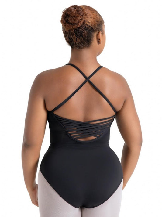 Back view of adult dancer wearing a black strappy back camisole leotard with crisscross lattice detail