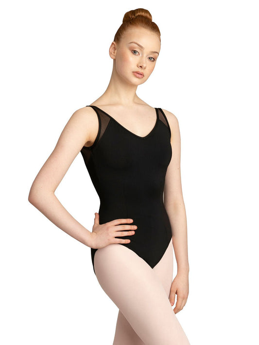 Adult dancer wearing a black V-neck tank leotard, front view