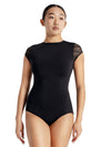 Adult high neck leotard with mesh cap sleeves front view