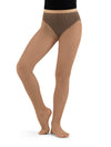 Model wearing caramel seamless professional fishnet tights, front view