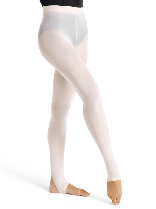 Adult stirrup dance tights in Ballet Pink shown on legs against a white background.