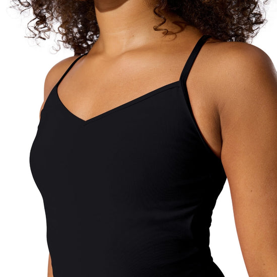 Capezio Studio Collection Ballerina Pinched Front Cami in black showing V-neckline and adjustable straps
