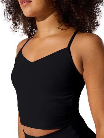 Capezio Studio Collection Ballerina Pinched Front Cami in black showing V-neckline and adjustable straps