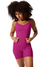 Young dancer modeling Cerise pinched front cami with matching dance shorts