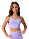 Dancer wearing lavender ballerina pinched front camisole with coordinating dance shorts