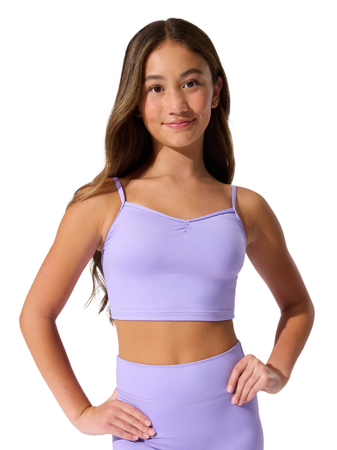 Dancer wearing lavender ballerina pinched front camisole with coordinating dance shorts