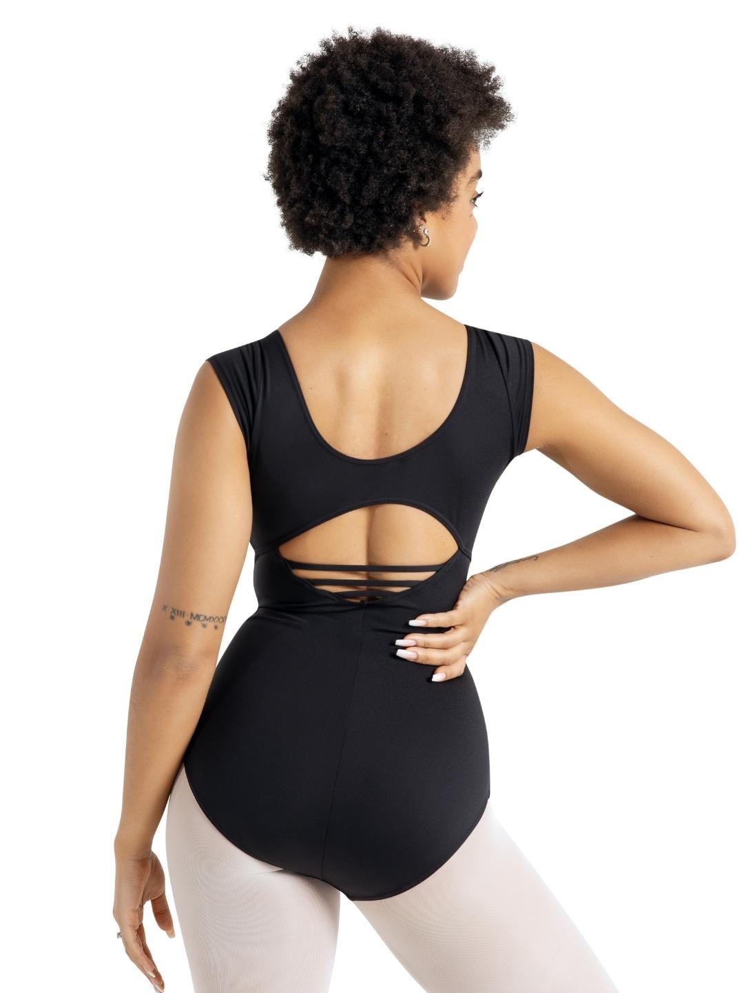 Back view of adult dancer wearing a black high neck cap sleeve leotard with strappy keyhole detail