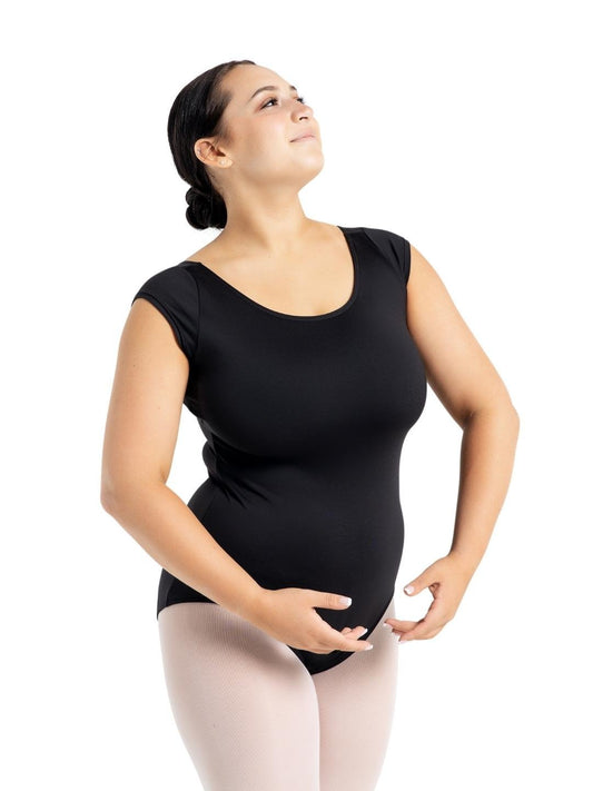 Adult dancer wearing a black high neck cap sleeve leotard, front view