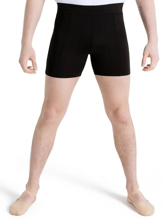 Front view of black fitted dance shorts on a male dancer showing length and fit