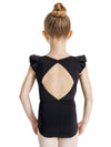 Child leotard with diamond back cutout and ruffle sleeves back view