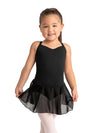Child dancer wearing black sweetheart ballet dress with chiffon skirt, front view
