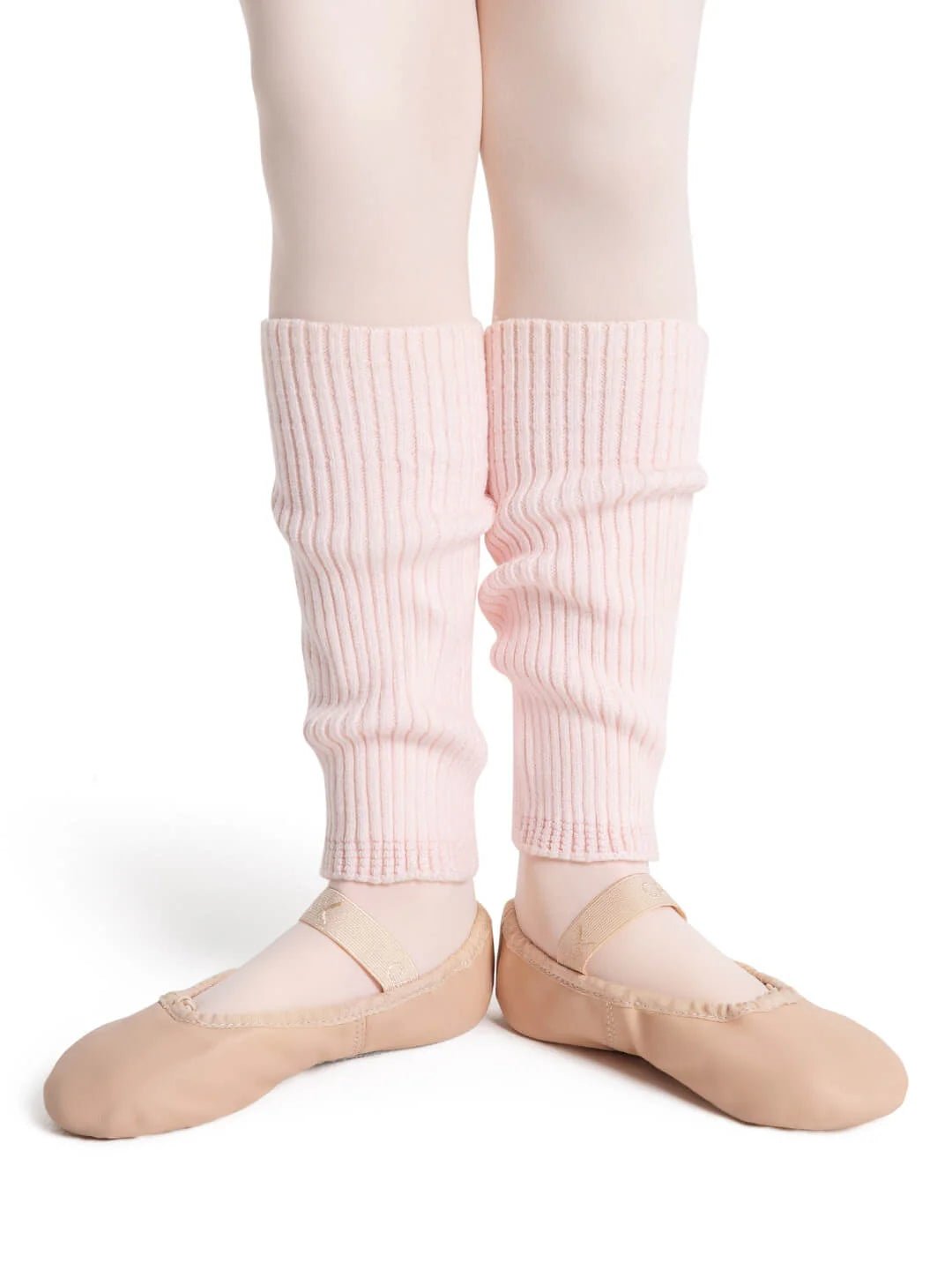 Pink toddler legwarmers worn over tights with ballet shoes front view